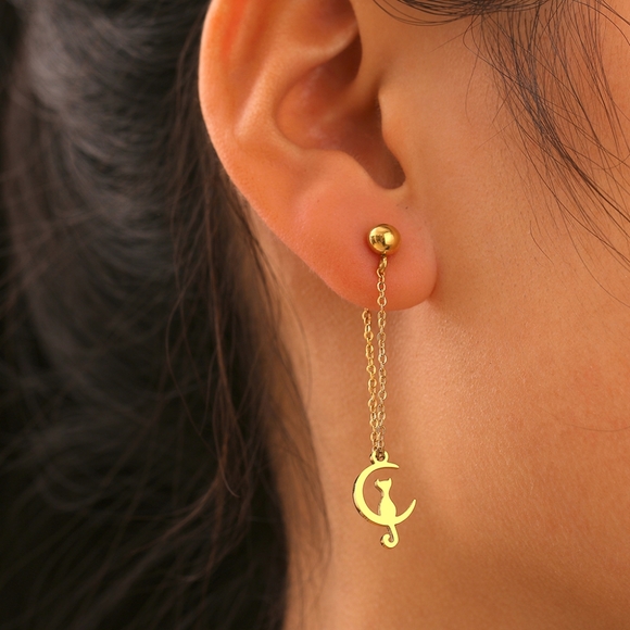 Lightweight Dangle Moon Cat Earrings - Picture 2 of 2